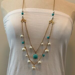 Vintage faux, pearl and turquoise coloured two tier necklace, gold tone